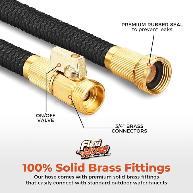 Flexi Hose with 8 Function Nozzle, 25FT - Lightweight Expandable Garden Hose, No-Kink Flexibility, 3/4 Inch Solid Brass Fittings and Double Latex Core