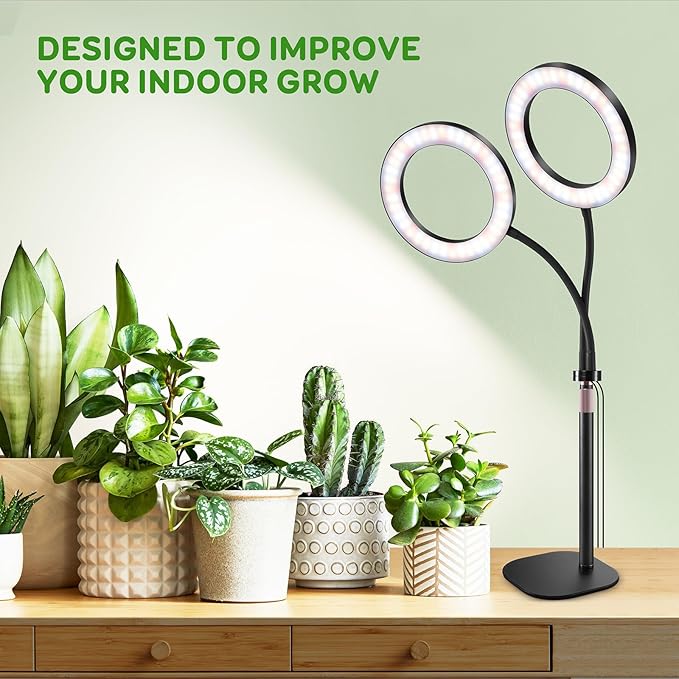 Dual Heads Grow Lights for Indoor Plant Full Spectrum, Desk Halo Plant Lights for Indoor Growing with 3/9/12 Timer, 5 Dimmable Levels,Height Adjustable 9.4-23.6",Strong Metal Base Happy Light