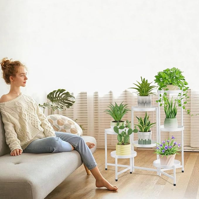 iDavosic.ly 7 Tier Large Plant Stand Indoor, 10 Inch Wide Tall Corner Metal Plant Stands Outdoor for Multiple Plants, Folding Tiered Flower Display Holder Rack Shelf, White