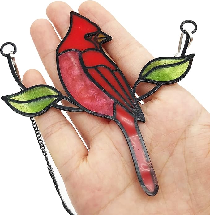 Cardinal Suncatcher, Small Stained Glass Birds Window Hanging Decoration