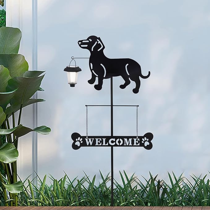 BAYN Solar Dachshund Silhouette Dog Breed Welcome Sign with a Lantern Outdoor Decorative Garden Stakes for Yard, Lawn, Patio, Pathway