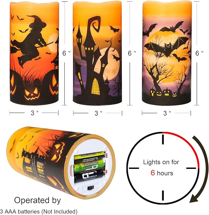 Halloween Real Wax LED Flameless Flickering Candles with 6H Timer, 3 Pcs Pillar Battery Operated Candle Sticks with Halloween Decal for Home Decor(3”x6”)