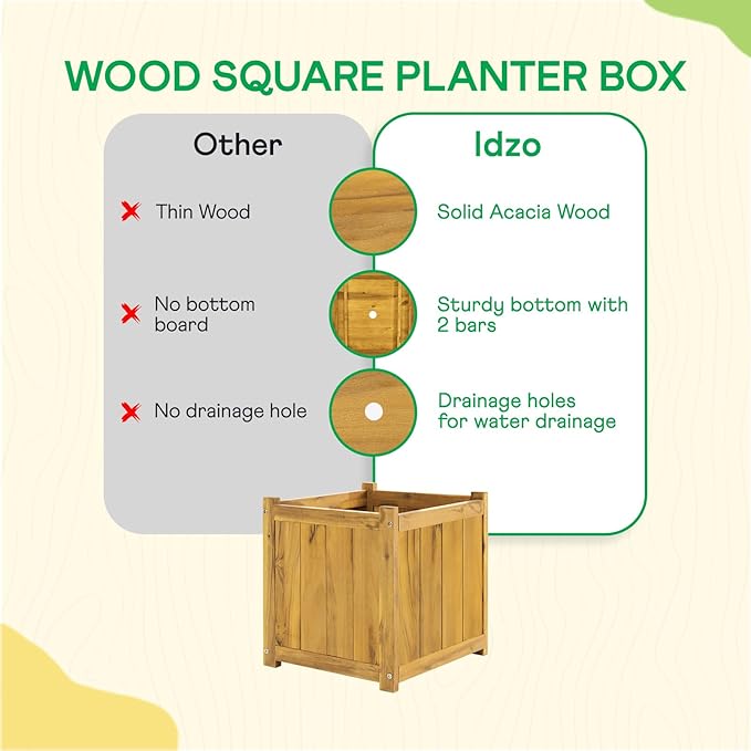 IDZO Acacia Wood Flower Planter Box for Outdoor Plants, 1pc Wooden Raised Garden Bed with Handles, Drainage Holes, Ideal for Garden and Home Décor, Golden Teak