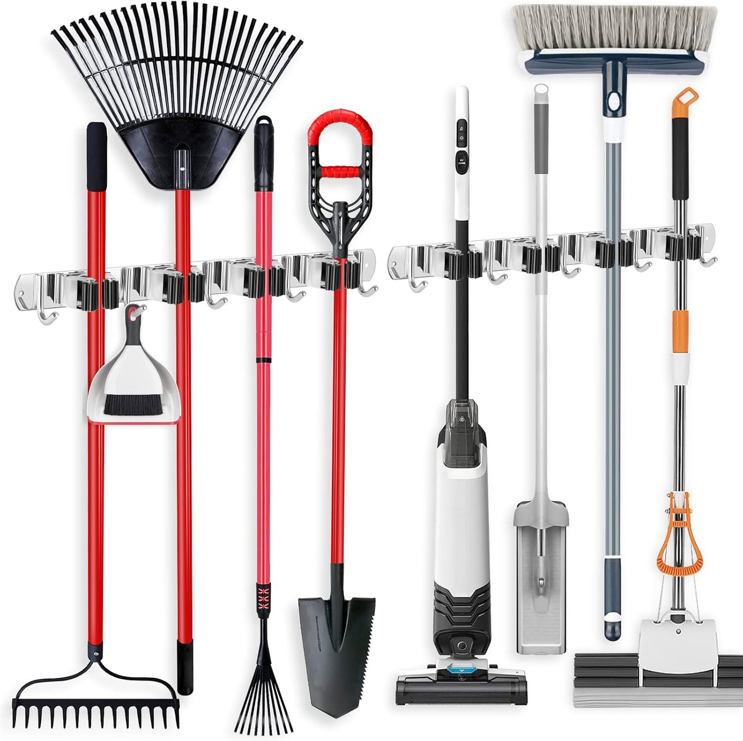 IMILLET 2 Broom Holder Wall Mounted, Stainless Steel Broom Mop Holder Self Adhesive Heavy Duty Hooks Storage Organizer for Home Laundry Room Garden Garage Closet Kitchen(4 Racks with 5 Hooks)