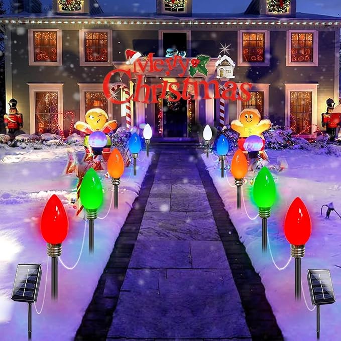 10-Pack Jumbo C9 Solar Christmas Lights, Upgraded LED Outdoor Christmas Decoration, Larger Muticolor Bulbs Solar Lights Outdoor Waterproof for Outside Path Garden Holiday Yard Patio Decor (Multicolor)