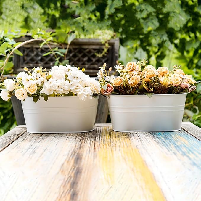 3 Pack Metal Hanging Flower Pots for Railing Fence,Outdoor Balcony Rail Planter with Detachable Hooks Drainage Holes for Deck Garden Home Decor White