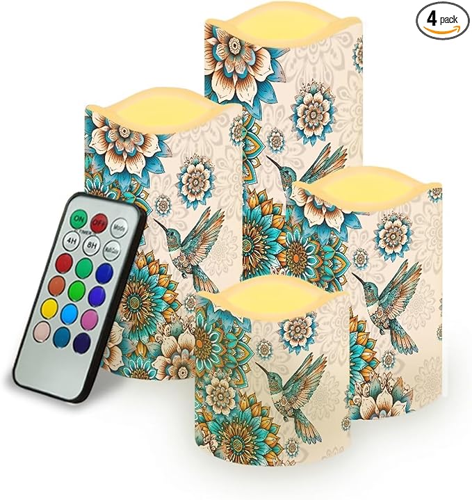 Ystardream Western Hummingbird Flameless Candles with Timer Led Candles Flickering 4 Candle Sets for Home Decor,18 Key Remote Control,Dancing Flames, True Wax, Battery Powered.