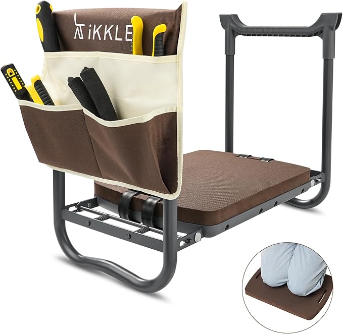 ikkle Garden Kneeler and Seat Gardening Stool Kneeler Folding Gardening Bench with Thicker Detachable Kneeling Pad and Tool Store Pouches (Brown)