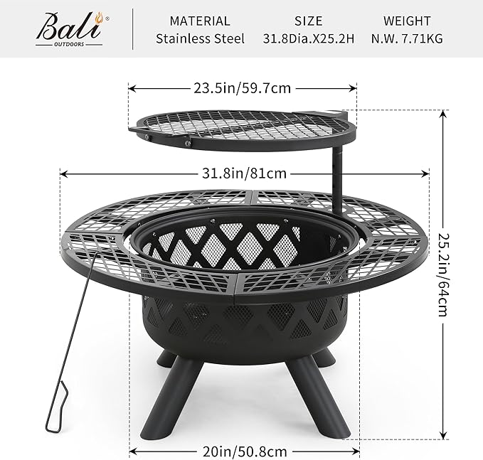 BALI OUTDOORS Fire Pit with Poker, 32 inch Outdoor Fire Pit Patio, Wood Burning Firepits for Outside with Grill