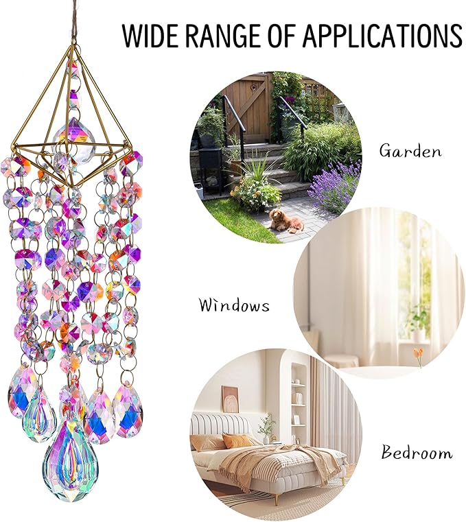 HDCRYSTALGIFTS Crystal Suncatchers for Window Hanging Wind Chime Style Garden Sun Catchers with Crystals Rainbow Maker Indoor Outdoor Decor Handmade Gold Plated