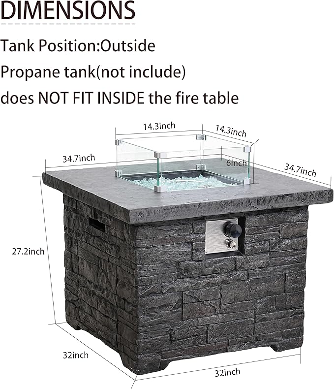 32" Outdoor Propane Fire Pit Table, Stone Fire Table Square Firepit w Glass Wind Guard(50,000 BTU), 2 Piece Slate Gas Fire Table in Deep Grey w Fire Glass, Rain Cover for Outside, Backyard