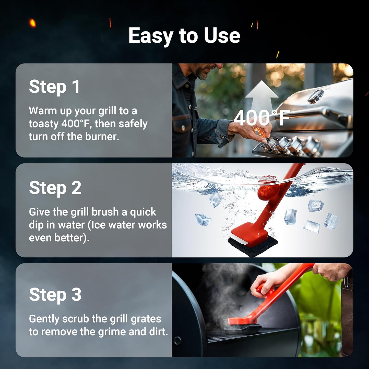 Grill Brush Bristle Free with 3 Replacement Brush Heads, Steam Grill Brush with Scraper, Non Metal Bristles for Cast Iron, Stainless-Steel Grates, Safe for Non-Stick Surface