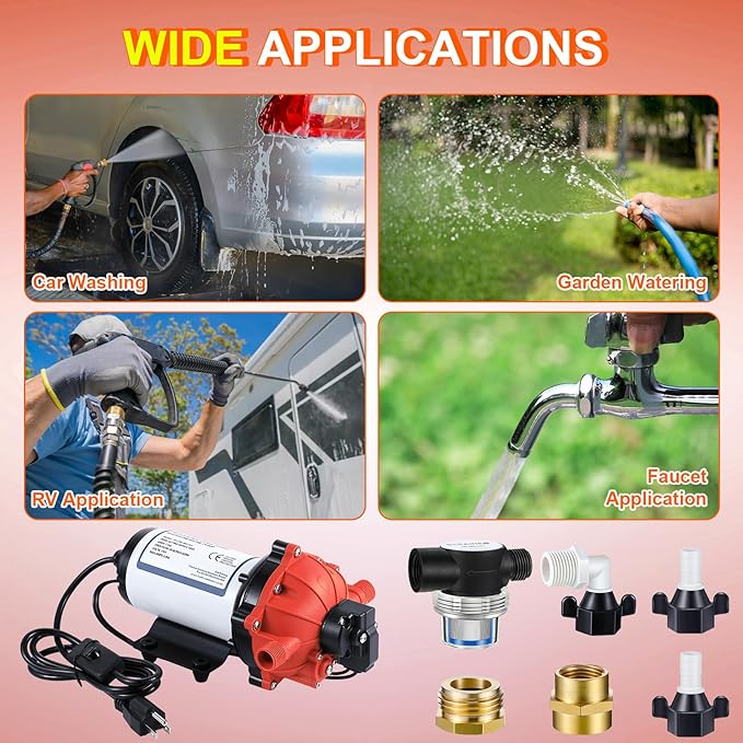 Dreyoo Water Diaphragm Pump, 115V AC, 5.5 GPM, 60 PSI Rated Pressure, 1/2" Threaded MNPT Self Priming Diaphragm Pressure Pump with Pressure Switch for Home, RV, Garden Agricultural Irrigation (Orange)