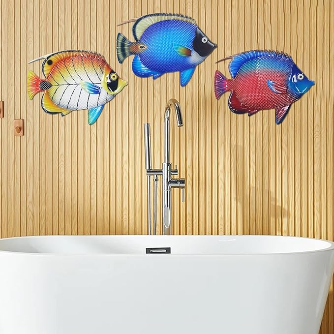 John's Studio Metal Fish Sea Wall Decor Outdoor Garden Hanging Art Sculptures Home Ocean Theme Decorations for Kitchen Bathroom and Pool - 3 PCS
