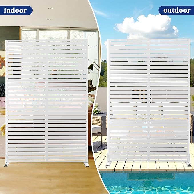 FENCY Outdoor Privacy Screen, 72" H×47" W Metal Privacy Screen, Outdoor Freestanding Privacy Screen & Panels for Deck Patio Balcony(White-Louvered)