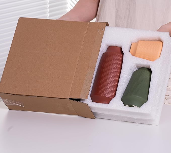 Ceramic Vase Set of 3, Modern Multicolor Pattern Flower Vases for Home Decor, Office, Centerpieces, Boho Farmhouse Style (Red/Green/Orange)