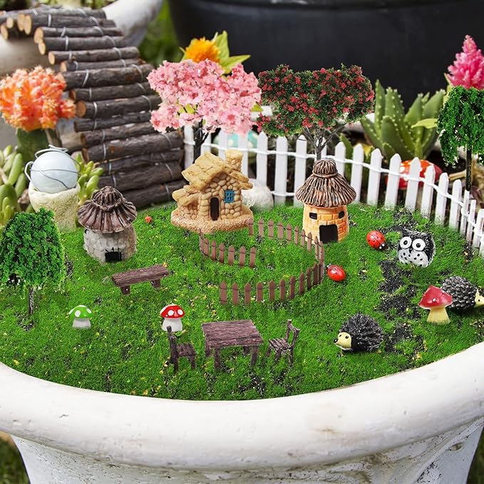58 Pcs Mini Garden Accessories Set Fairy Village Miniature Fairy House Starter Kit Mini Terrarium Figurines Micro Landscape Mixed Model Tree Diorama Supplies for DIY Succulent Dollhouse Craft