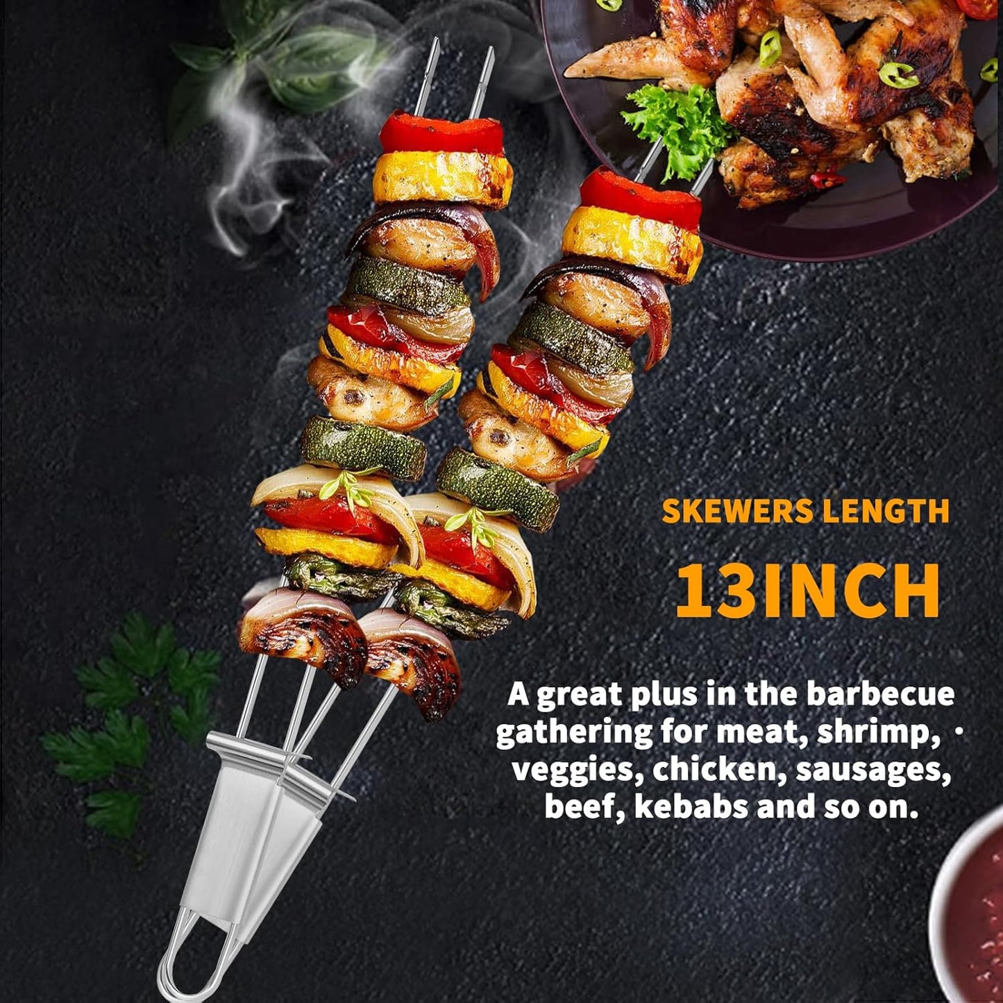 BBQ Skewers,Premium 304 Stainless Steel BBQ Skewers,13 Inch Heavy Duty Metal Kabob Sticks for Grilling, Reusable & Dishwasher Safe (Double fork10)