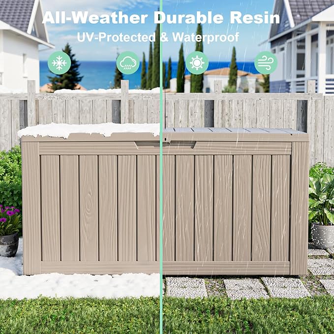 80 Gallon Outdoor Storage Box – Waterproof Deck Box for Garden & Patio,Light Brown