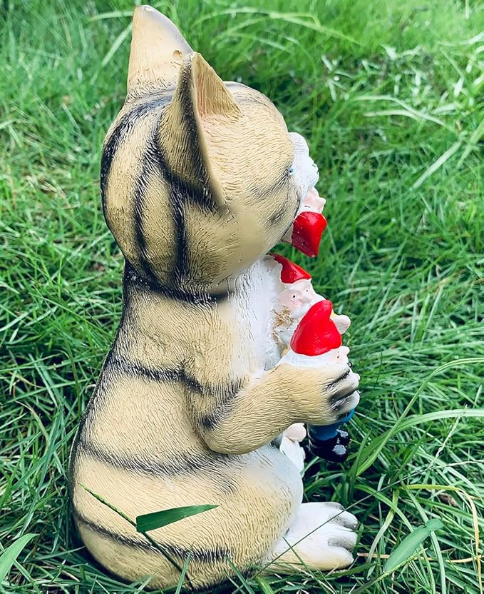 Garden Cat Eating Gnomes Statues Funny Gnome Decor for Outdoor Patio Lawn Yard Decor (cat Eating)