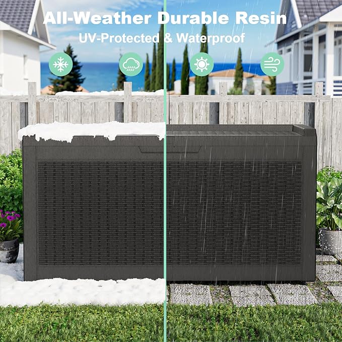 60 Gallon Resin Deck Box, Lockable Outdoor Storage Box for Patio Cushions Storage Furniture,Garden Tools, Pool Supplies, Weatherproof and UV Resistant(Black Rattan)