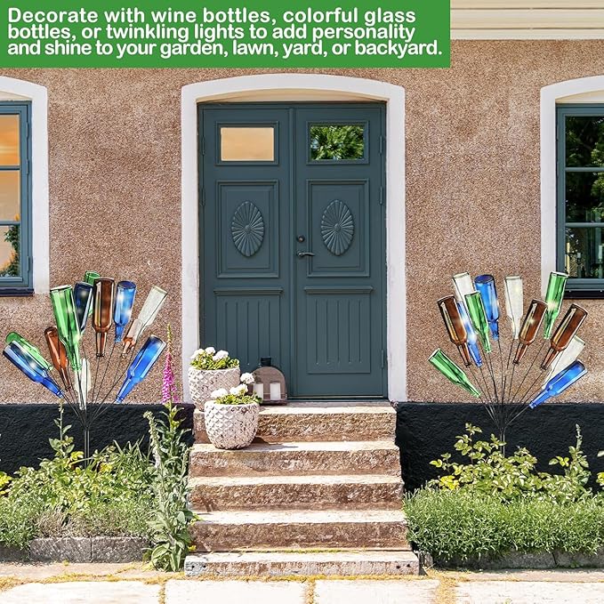 2 Pcs 12 Wine Bottle Tree Garden Outside 36 Inches Glass Bottle Tree Colorful Garden Decorative Bottle Holder Artificial Black Metal Bottle Trees for Lawn Yard Garden Outdoor Decor