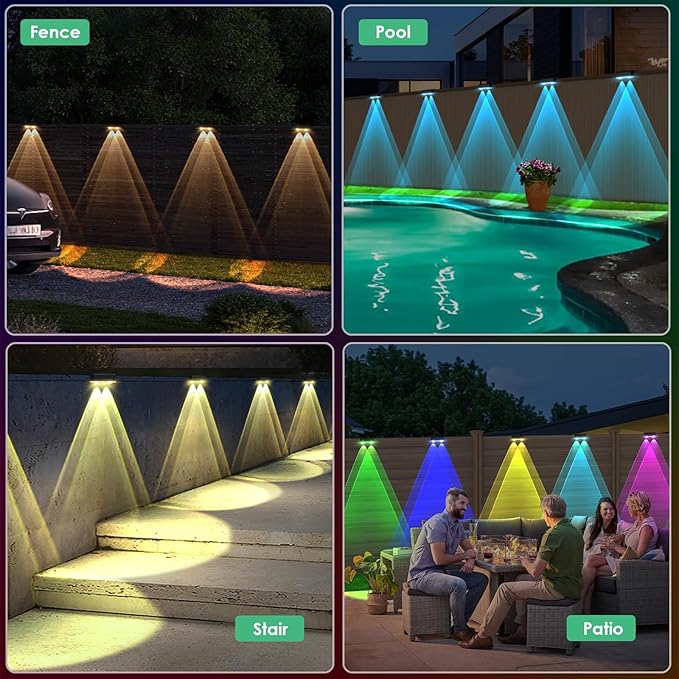 Derynome Solar Fence Lights Outdoor - Dusk to Dawn IP45 Waterproof Solar Garden Lights for Outside, Step, Backyard, Railing, Step, Patio & Wall (Color Change+7 Color, 12 Pack)