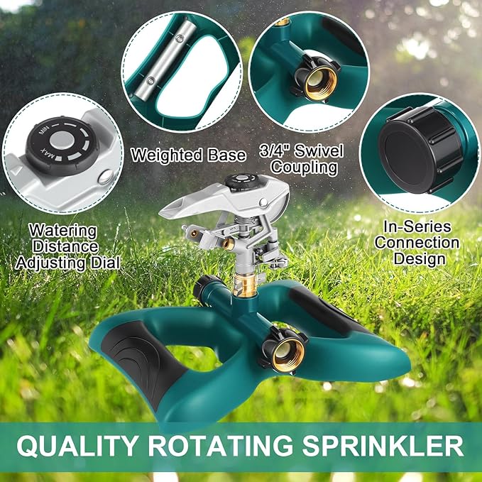 1 Packs Lawn Impact Sprinkler Heavy Duty Rotating Adjustable Pulsating Water Sprinkler Head with Metal Base, Adjustable Spraying Area and Distance for Large Area Garden Lawn Yard Irrigation