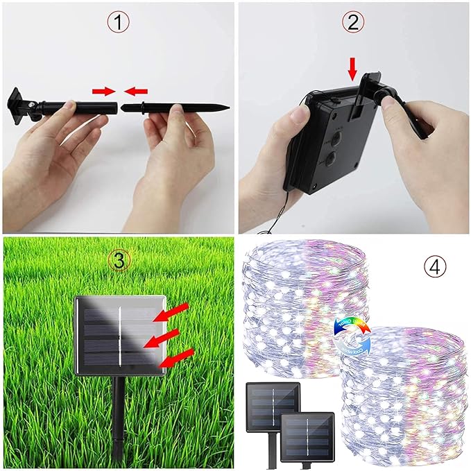 (Cool White ⇋ Multicolor) Solar Christmas String Lights Outdoor, 2-Pack 80FT 200 LED Waterproof Silver Wire, Solar Twinkle Lights with 8 Modes Solar Fairy Light for Tree Garden Wedding Christmas Decor