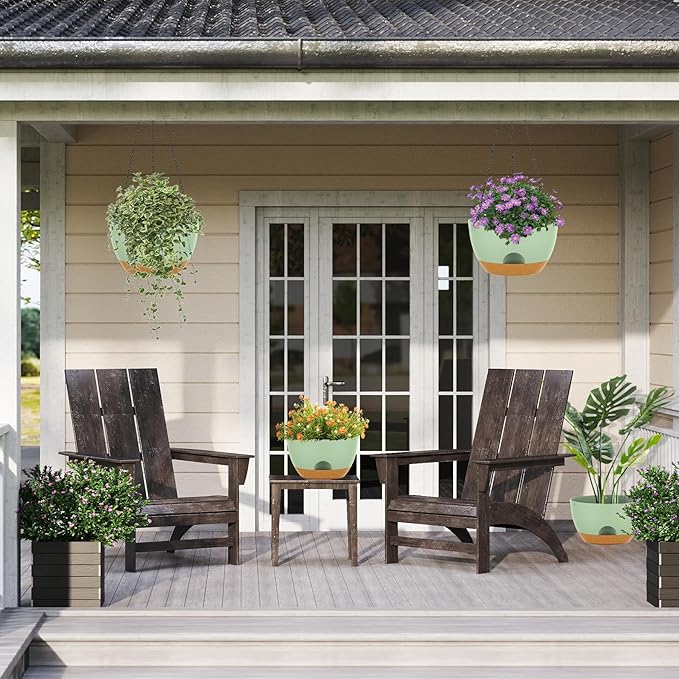 12 Inch Hanging Baskets 2 PC with Chains, Self-Watering Hanging Planters for Indoor Outdoor Plants, Plastic Hanging Flower Pots,Green Brown