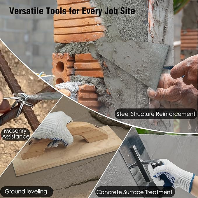 10PCS Concrete Trowel Set, Masonry Hand Tool Set Includes Large Flat Finishing and Pool Trowel, Wood Float, Concrete Edger and Groover, Margin Gauging, Wire Twister, Gloves & Carry Bag