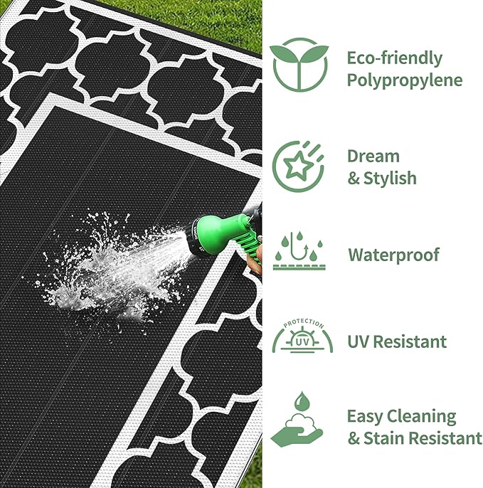 GENIMO 6' x 9' Outdoor Rug Waterproof for Patio Decor, Foldable Reversible Plastic Straw Area Rugs Mat for Camper, Morden Carpet for Outside, Rv, Deck, Porch, Picnic, Beach, Balcony, Black & White