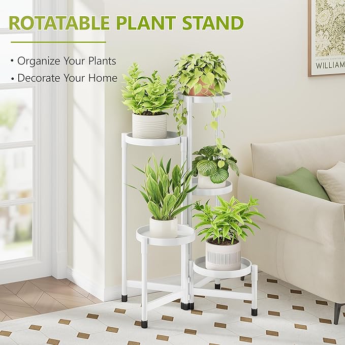 5 Tier Metal Plant Stand Indoor, Rotatable Corner Plant Shelf Outdoor, Tiered Flower Pot Display Stand, Black Multiple Plants Holder for Patio Living Room Balcony Garden Home Decor - White