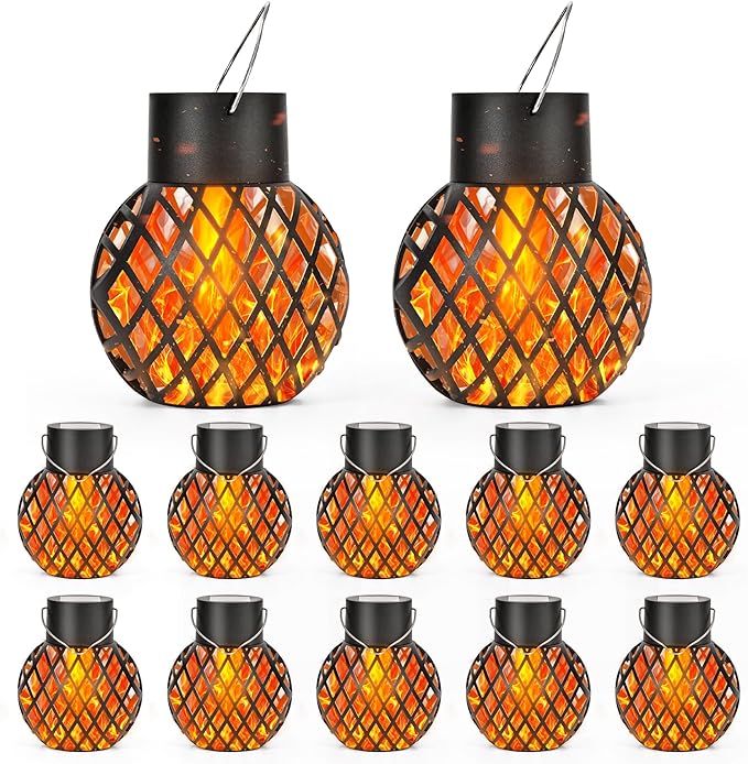 GIGALUMI Solar Lights Outdoor Waterproof,12 Pack Solar Hanging Lights with Flickering Flame,Outdoor Solar Lights for Yard,Patio,Tree,Camping,Christmas Decoration,New Upgraded Larger Lanterns