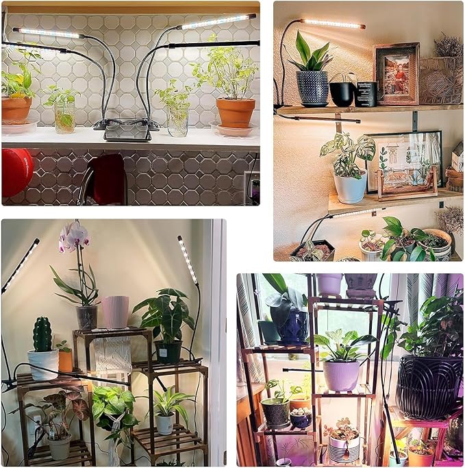 Full Spectrum Dual Heads Clip Grow Lights for Indoor Plants with 3/9/12H Timer Dimmer and 10 feet Cables for Plant Growing(Adapter Included)