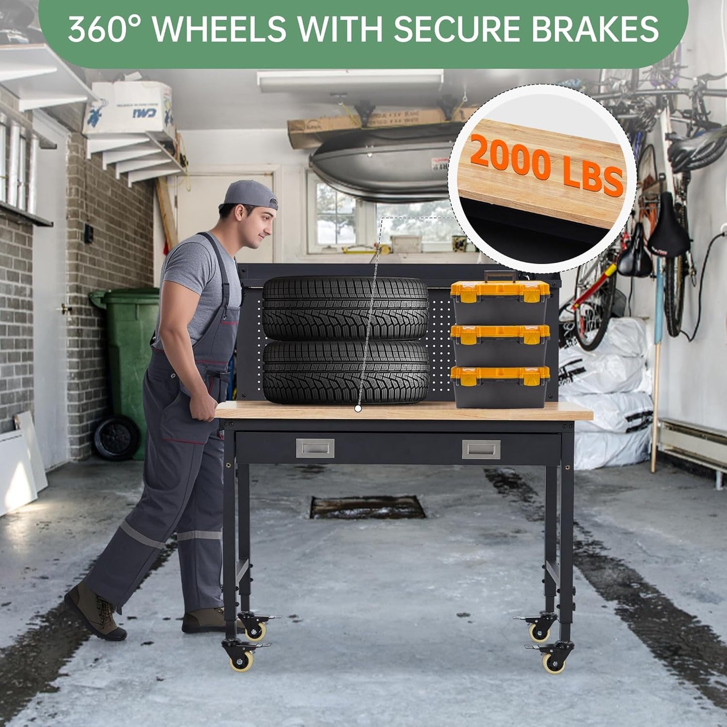 48'' Adjustable Workbench, Heavy Duty Workbench with Drawer and Backplate, 2000 LBS Capacity Work Table with Power Outlet and Lockable Wheels, Suitable for Office, Garage, Workshop