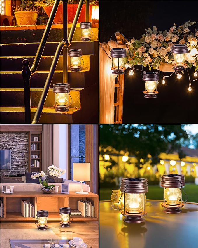 4 Pack Hanging Solar Lanterns Waterproof Lights Powered Led Decorative Landscape Light Table Lamp with Design for Patio, Garden, Yard, and Pathway Decor, Warm