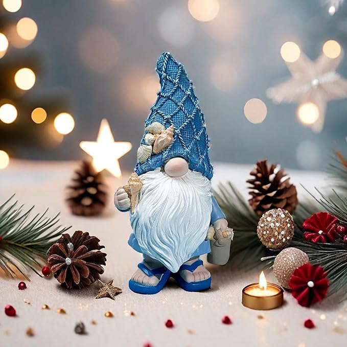 Outdoor Garden Sea Gnome Statue Decoration Indoor Outdoor Resin Beach Gnome Sculpture for Home Office Desktop Bathroom, Summer Pool Decoration Outdoor Gifts (Carrying Bucket of Shells)