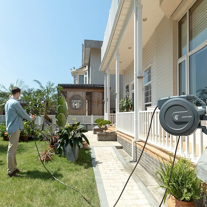 Giraffe Tools Metal Retractable Hose Reel 130 FT Wall Mounted Heavy Duty Hose Reel with 9 Pattern Nozzle 180 Deg Swivel, Metal Bracket Any Length Lock (1/2 130FT PRO, Dark Grey)