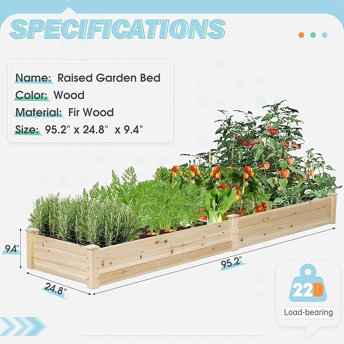 8 Feet Outdoor Wooden Raised Garden Bed, Elevated Planting Planter Box Kit for Vegetables Fruits Grow Yard Gardening, Natural