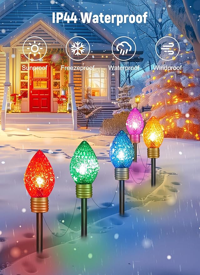 Brightown 2 Pack Strawberry Jumbo C9 Christmas Pathway Lights Outdoor Decorations Lawn,Total 17 Ft 10 LED String Lights Covered Jumbo Multicolored Walkway Lights Bulb for Holiday Outside Yard Decor
