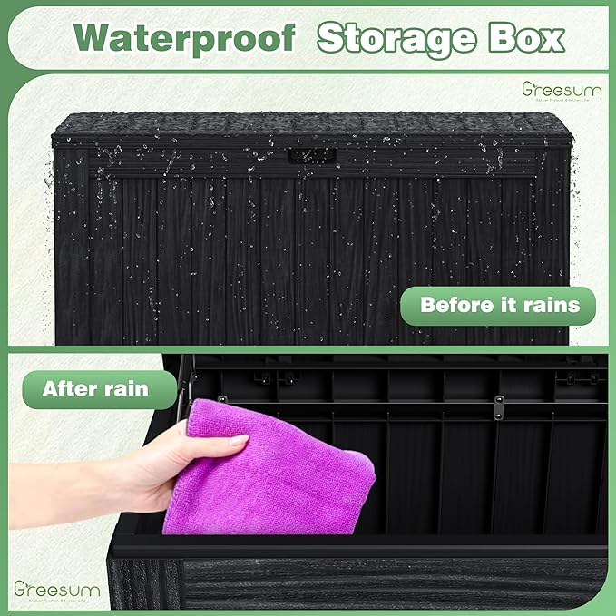Greesum 120 Gallon Outdoor Storage Box with Lock - Large Resin Deck Box, Reinforced Lid for Garden, Patio, Lawn, Black