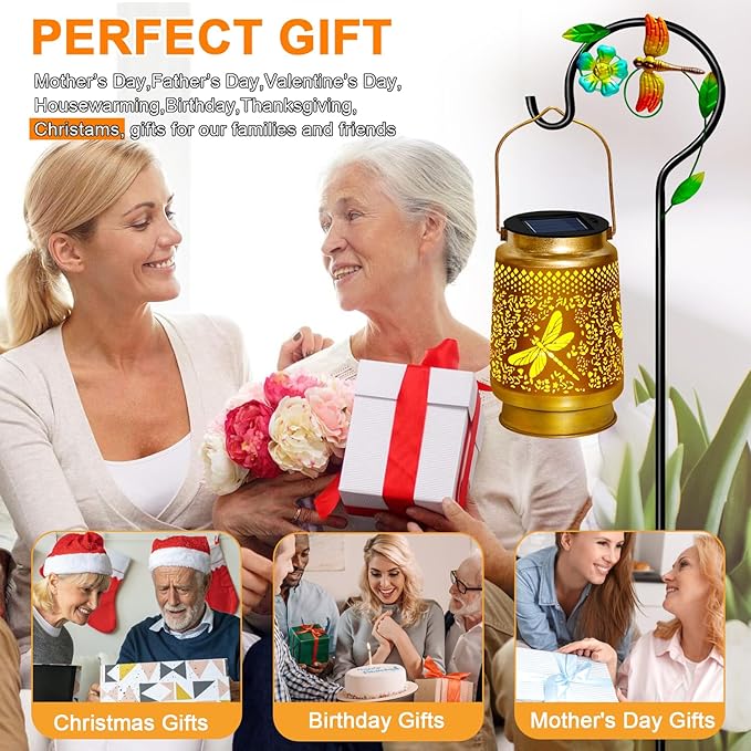 2 Pack Solar Lanterns Outdoor Waterproof,Dragonfly Solar Lights Garden Decor Gifts for Mom Women Grandma Decoration Outside for Yard, Patio,Backyard,Porch