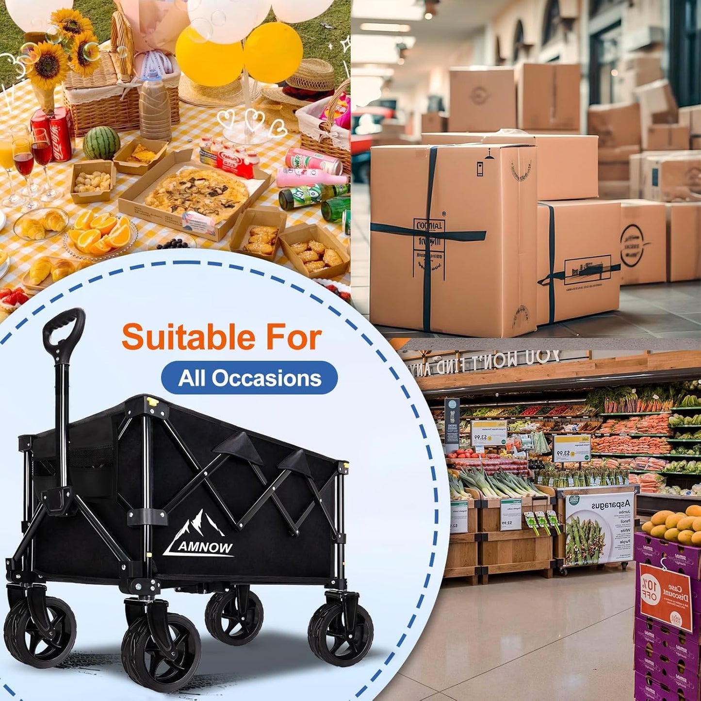 Collapsible Wagon Cart with Wheels Foldable, Folding Wagons Carts with Silent Universal Wheels, Large Grocery Cart On Wheels, Heavy Duty Utility Wagon for Shopping Beach Sports Fishing Camping, 150L