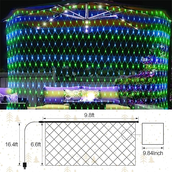 200 LED Christmas Net Lights Outdoor Decorations 3M*2M Mesh Lights Fairy String Lights Plug in with Timer 8 Modes Waterproof for Outside Bush Window Wall Patio Fence Party Decor-Blue and Green