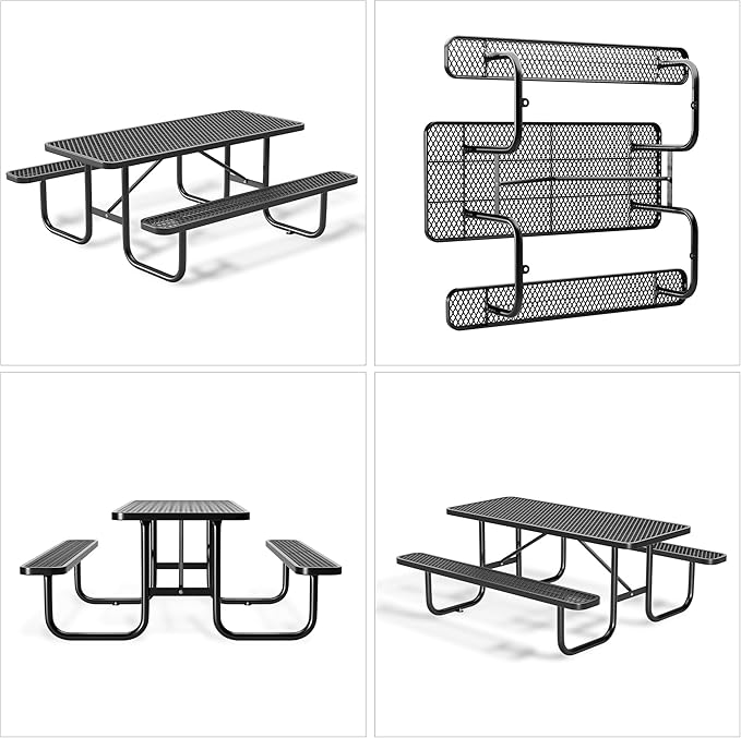6FT Metal Picnic Tables for Outdoors, Commercial Rectangular Picnic Table and Bench Set for Outside, Patio, Garden, Backyard, Porch, Surface Mount, Black