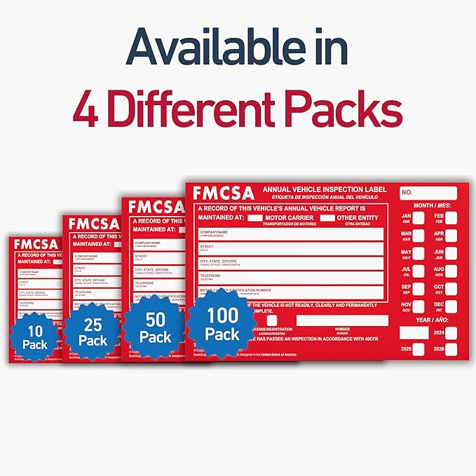 50 Pack Buck Aluminum Annual Vehicle Inspection Label with Punch Boxes, 2 Mil Red FMCSA Self Adhesive Sticker, DOT Compliant, Weatherproof, Tear Resistant, Easy to Write On, 6" x 3.5" - Made in USA