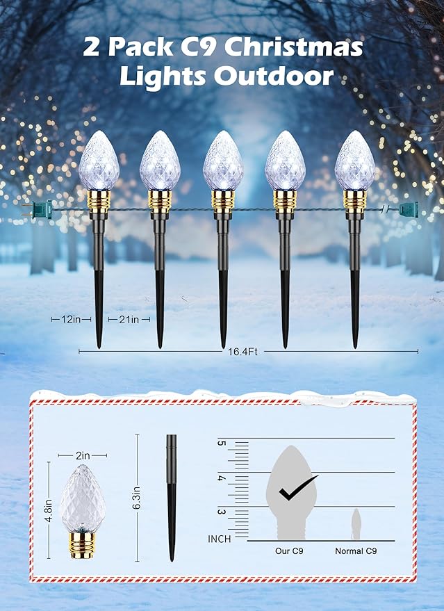 Brightown 2 Pack Strawberry C9 Christmas Pathway Lights Outdoor - Total 34.8 Feet 20 LED C9 Walkway Lights, Clear Bulb Christmas Lights Outdoor Decorations for Lawn Holiday Yard, Pure White