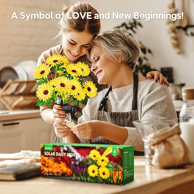 4 Pack Outdoor Solar Garden Lights with 16 Glowing Daisy Flowers & Stems, Waterproof Auto ON/Off Solar Flowers Lights for Yard Patio