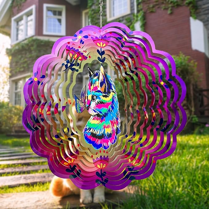 Cat Wind Spinners 3D Hanging Wind Spinner Cat Ornament Gifts for Women Mom Grandma,12inch Metal Wind Kinetic Sculpture for Outdoor&Indoor Decor, Yard Art, Garden Decoration